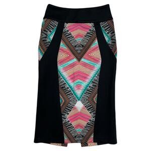 Bebe Skirt Womens XS Black Multicolor Geometric Knit Pencil Stretch Zip Slit